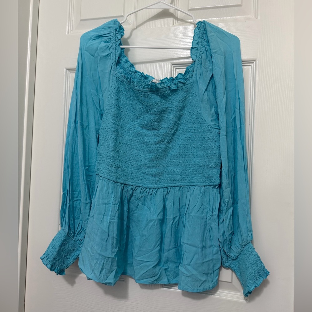 Chic Soul Aqua Smocked Blouse